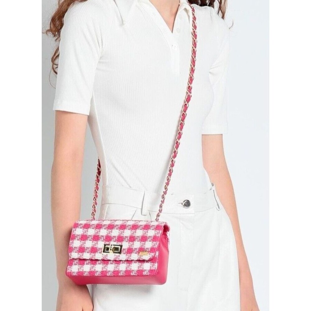 DESIGNER TSD12 PINK/WHITE CHECK FABRIC PRINT CHAIN DETAIL SMALL CROSSBODY BAG - Picture 2 of 13